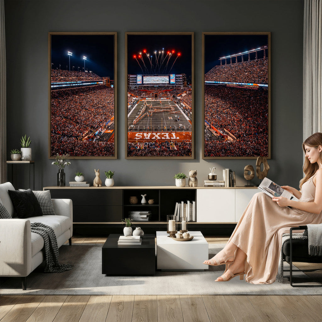 Texas Stadium Night Game Wall Art Canvas Print, Vibrant Football Fireworks Scene