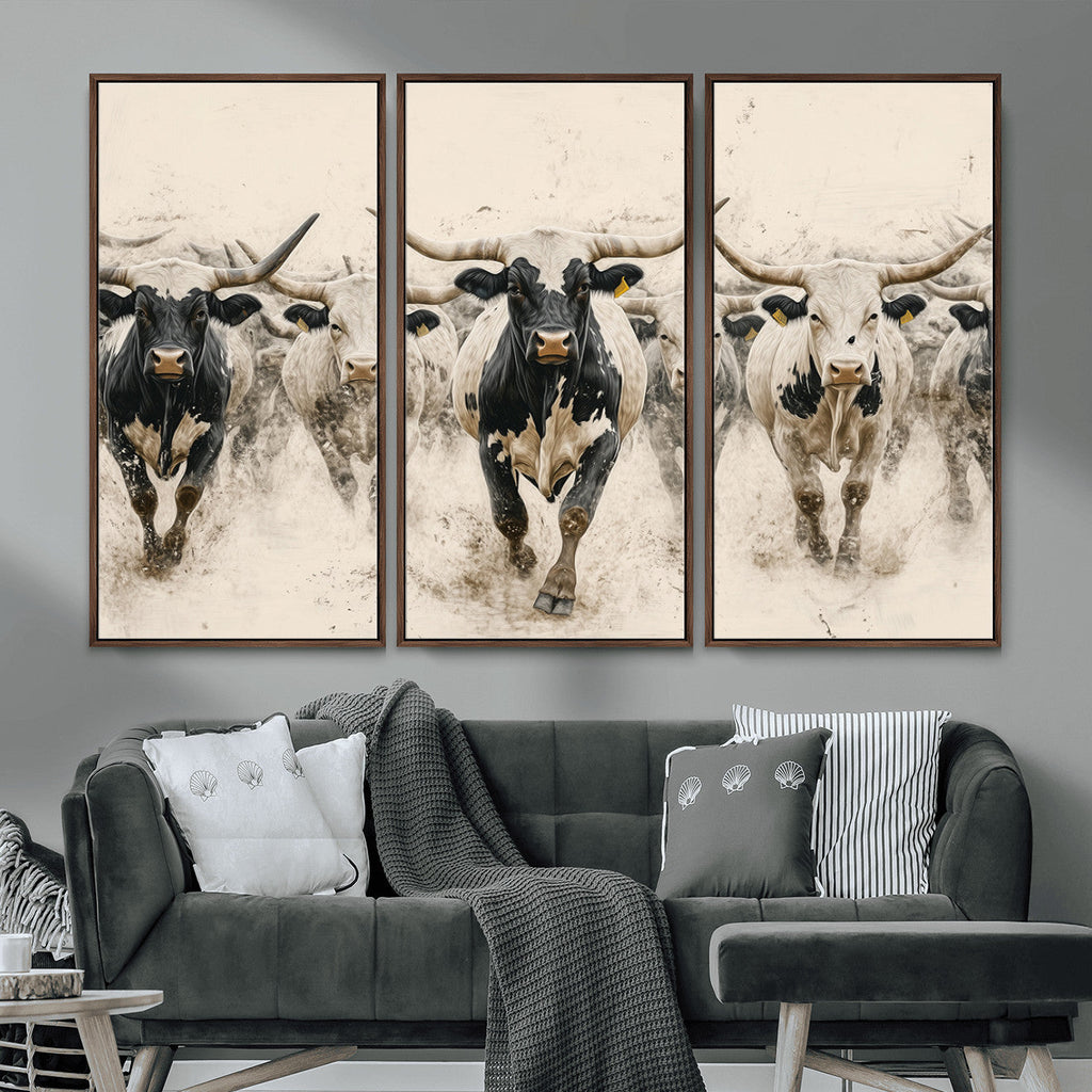 Texas Longhorn Wall Art | Framed Cattle Walking Canvas
