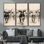 Texas Longhorn Wall Art | Framed Cattle Walking Canvas
