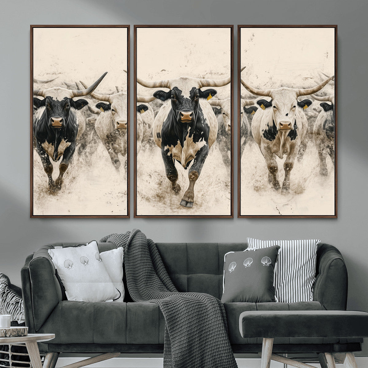 Texas Longhorn Wall Art | Framed Cattle Walking Canvas