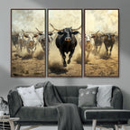 Texas Longhorn Wall Art | Framed Charging Cattle Canvas