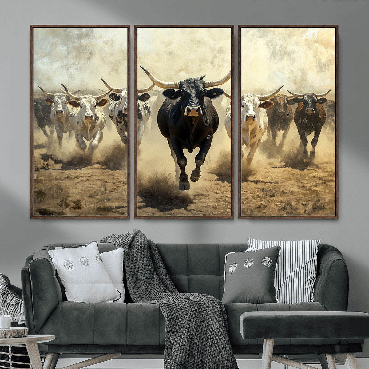 Texas Longhorn Wall Art | Framed Charging Cattle Canvas