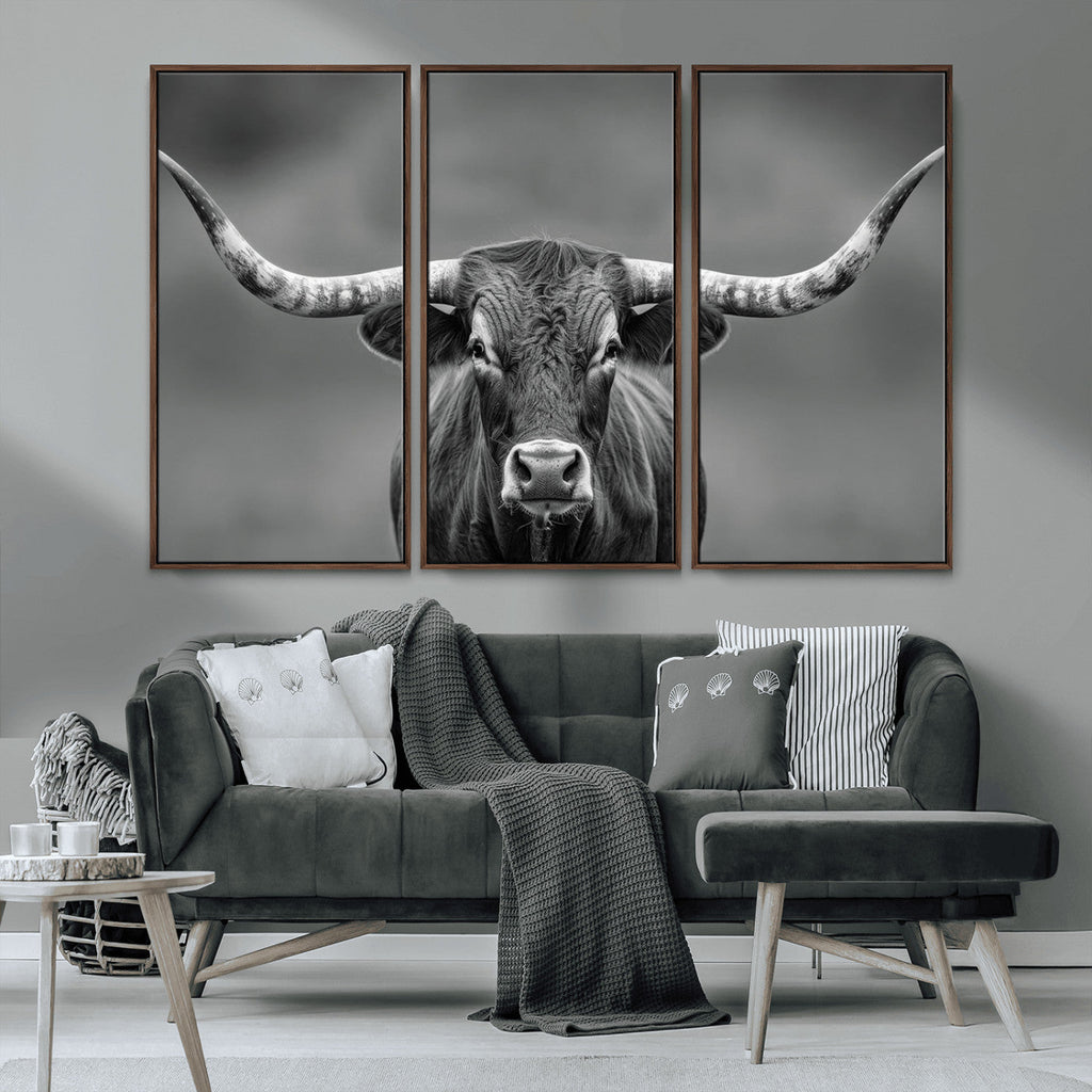 Texas Longhorn Wall Art Canvas Print, Framed Western Bull Photography, Rustic Log Cabin Decor
