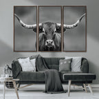 Texas Longhorn Wall Art Canvas Print, Framed Western Bull Photography, Rustic Log Cabin Decor