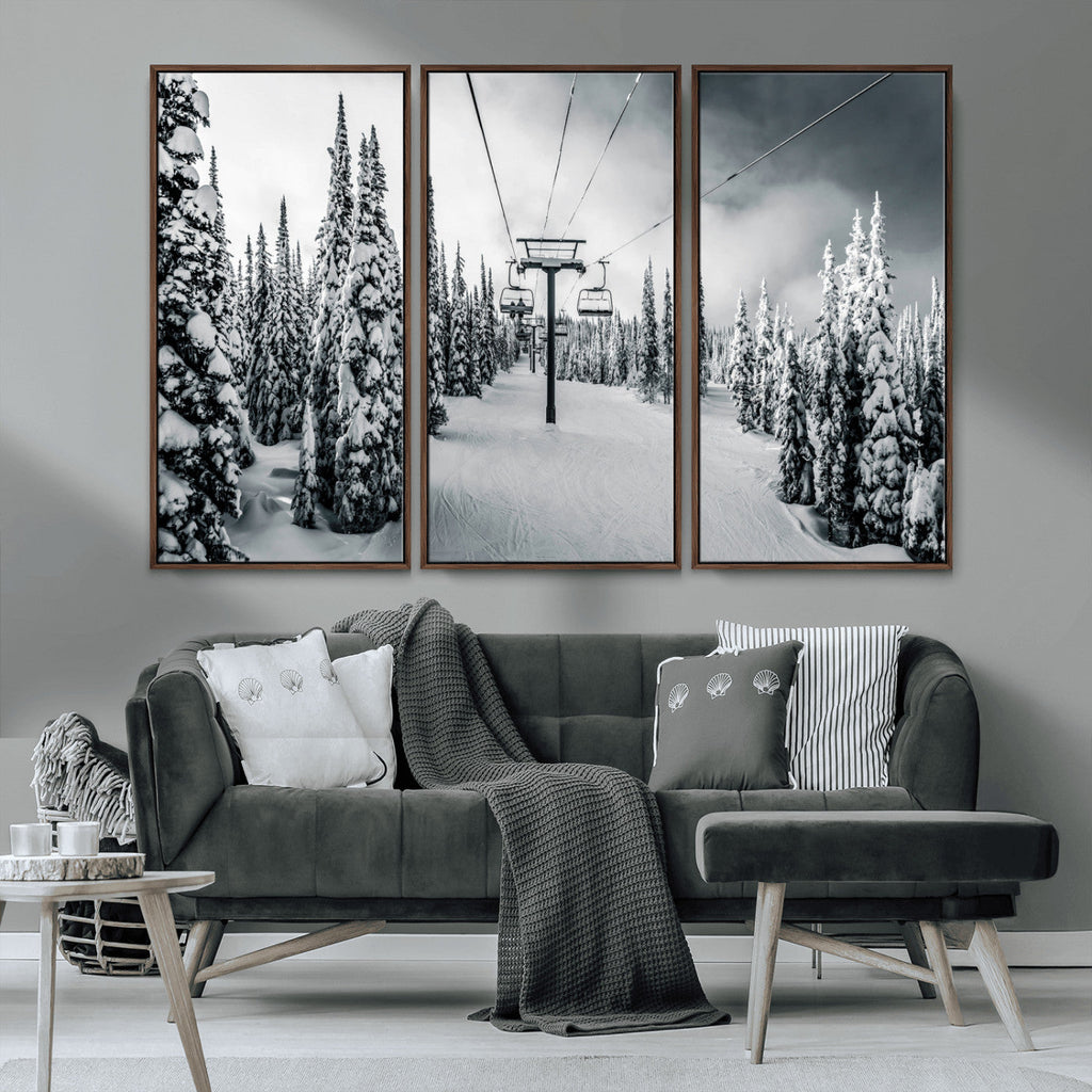 Snowy Pines Wall Art Canvas Print | Ski Lift in a Winter Forest