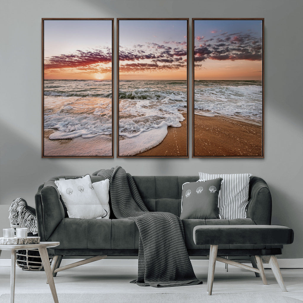 Ocean Sunset Wall Art Canvas Print | Sandy Shore and Gentle Waves