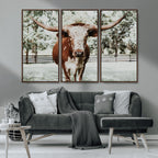 Texas Longhorn Wall Art Canvas Print | Framed Spotted Brown and White Bull