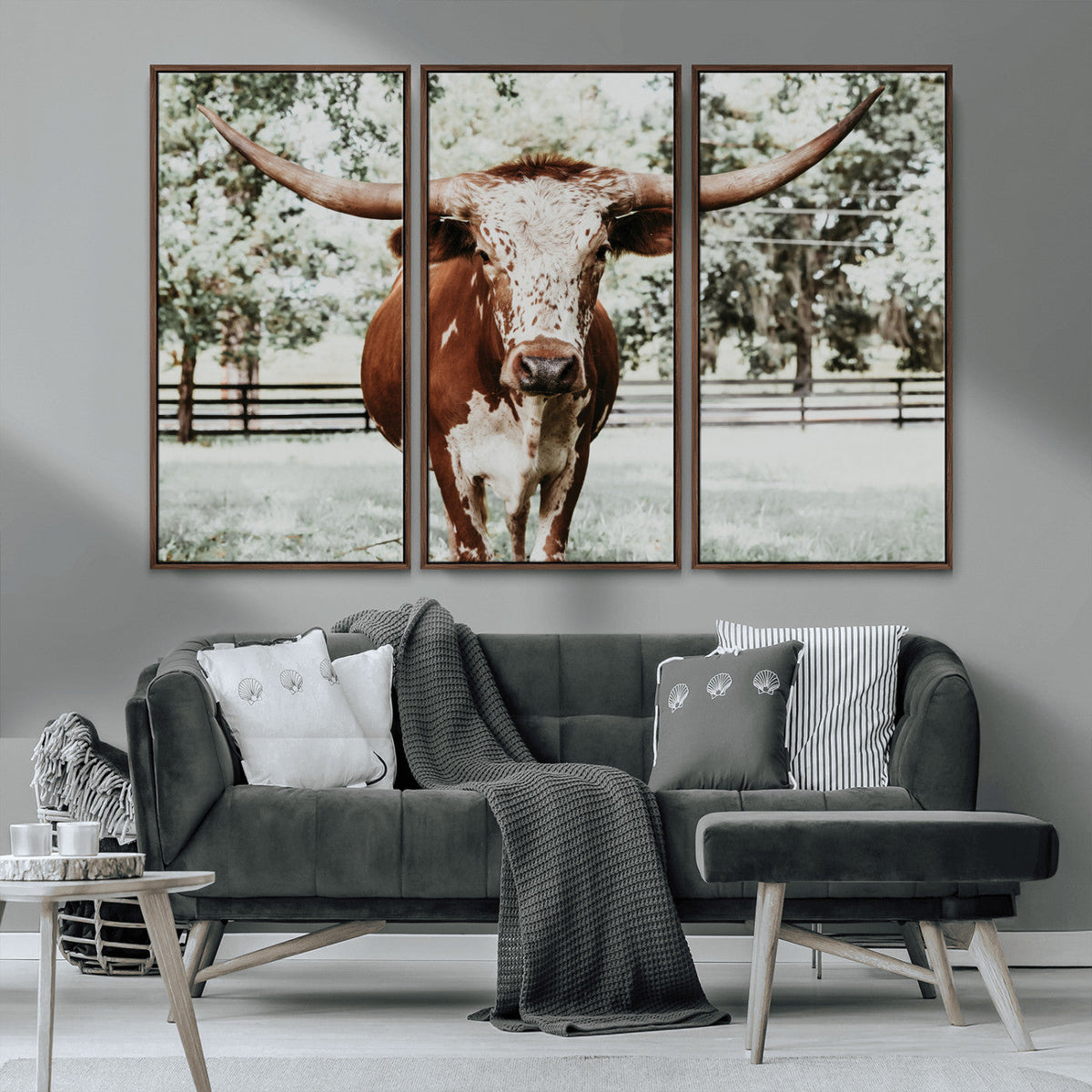 Texas Longhorn Wall Art Canvas Print | Framed Spotted Brown and White Bull