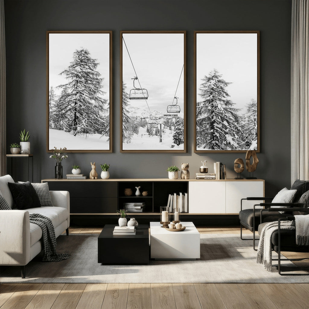 Snowy Ski Lift Wall Art | Framed Winter Forest Canvas