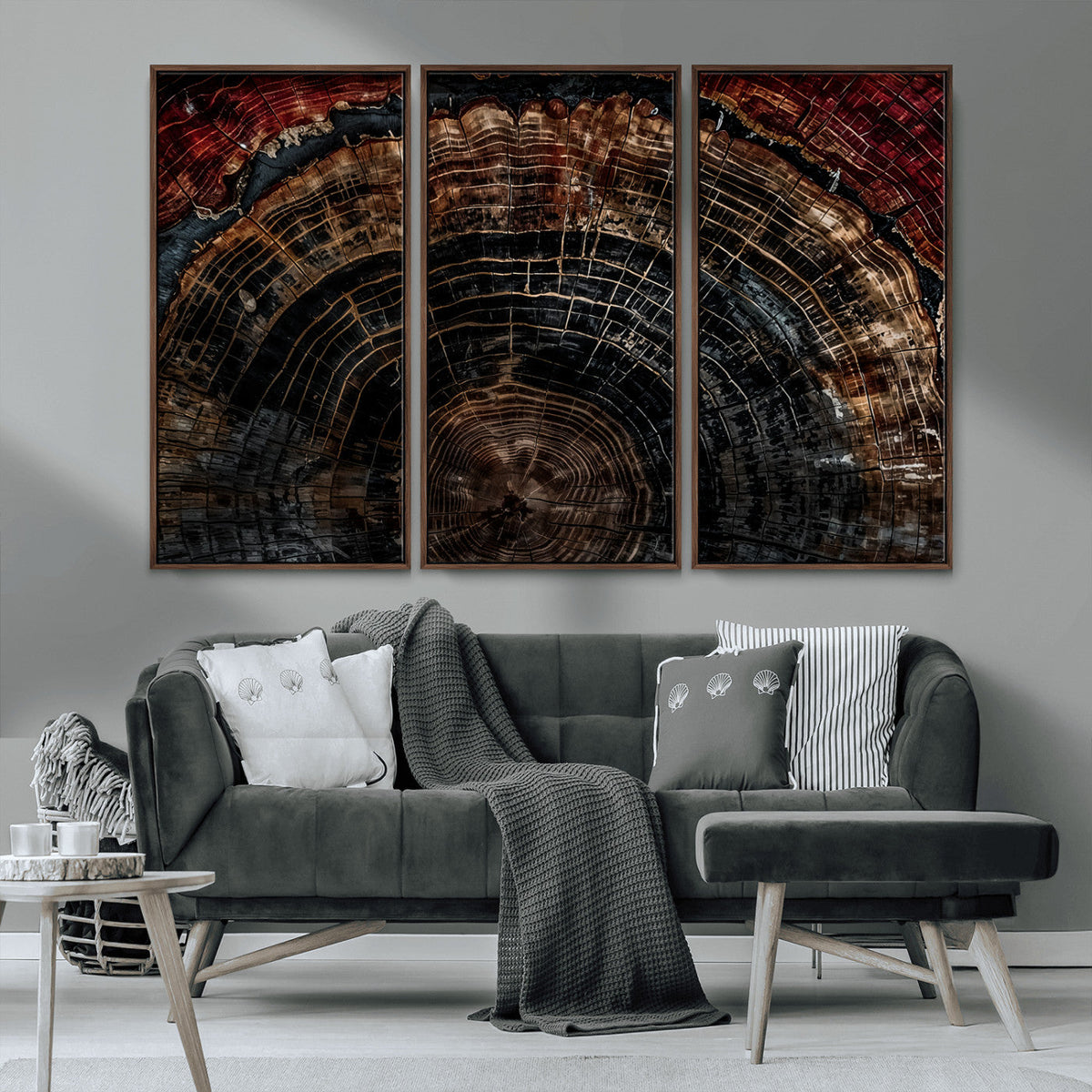 Dark Wood Ring Wall Art Canvas Print, Framed Abstract Tree Slice Print, Rustic Wood Grain Decor