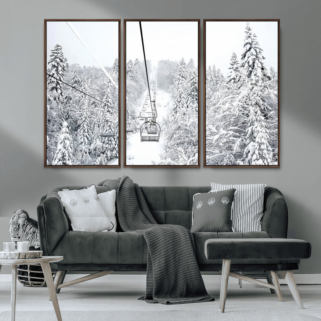 Snowy Ski Lift Wall Art | Framed Winter Mountain Canvas