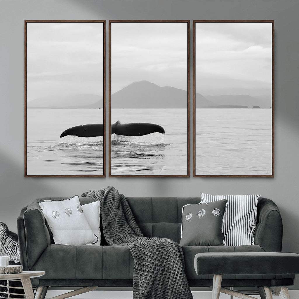 Whale Tail Wall Art | Framed Black White Ocean Canvas