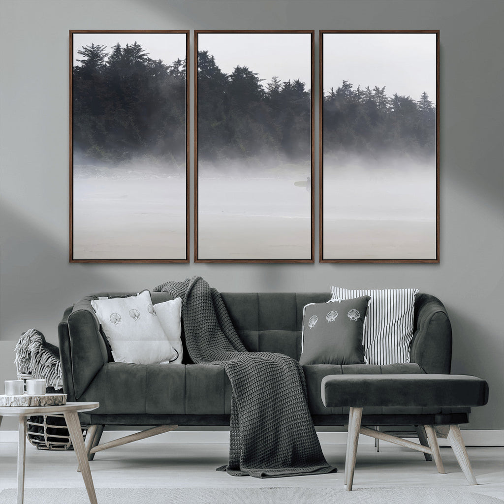 Surfer Fog Wall Art Canvas Print, Framed Foggy Beach and Coastal Surf Scene