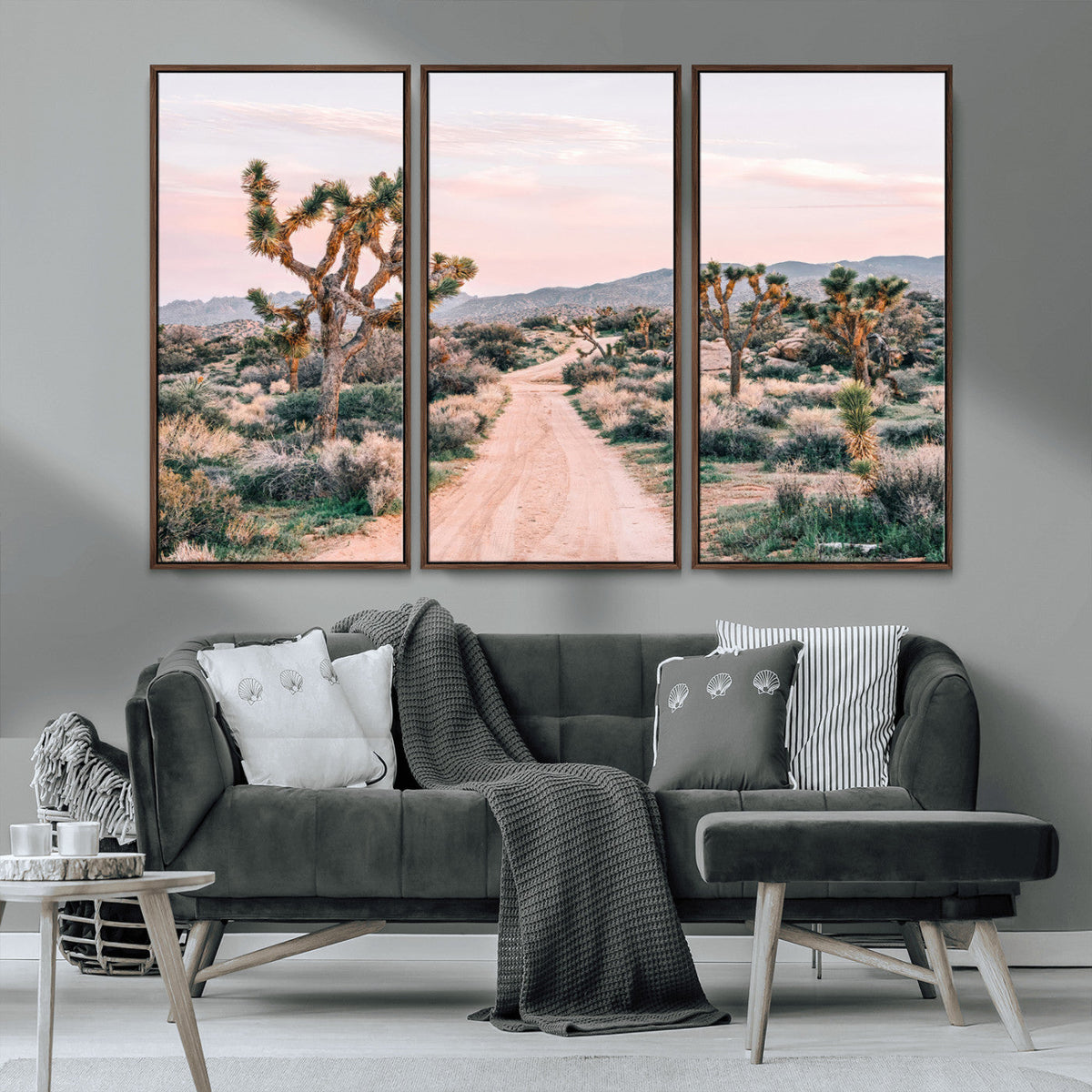 Joshua Tree Wall Art Canvas Print, Framed Desert Road Scene at Sunset