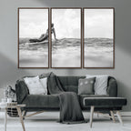 Black and White Surfing Wall Art Canvas Print, Framed Ocean Horizon Surfer Girl