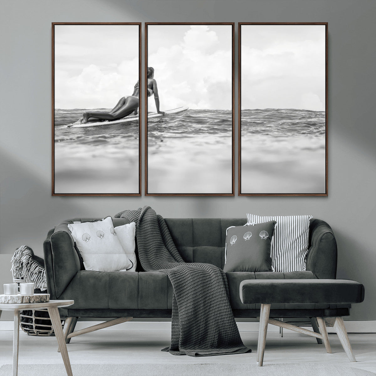 Black and White Surfing Wall Art Canvas Print, Framed Ocean Horizon Surfer Girl
