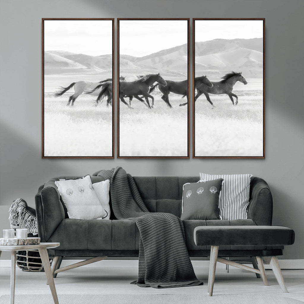 Wild Horses Running Wall Art Canvas Print, Framed Black White Mustangs Artwork