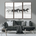 Wild Horses Running Wall Art Canvas Print, Framed Black White Mustangs Artwork