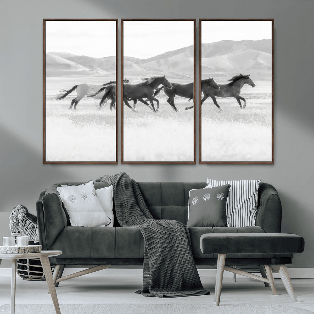 Wild Horses Running Wall Art Canvas Print, Framed Black White Mustangs Artwork