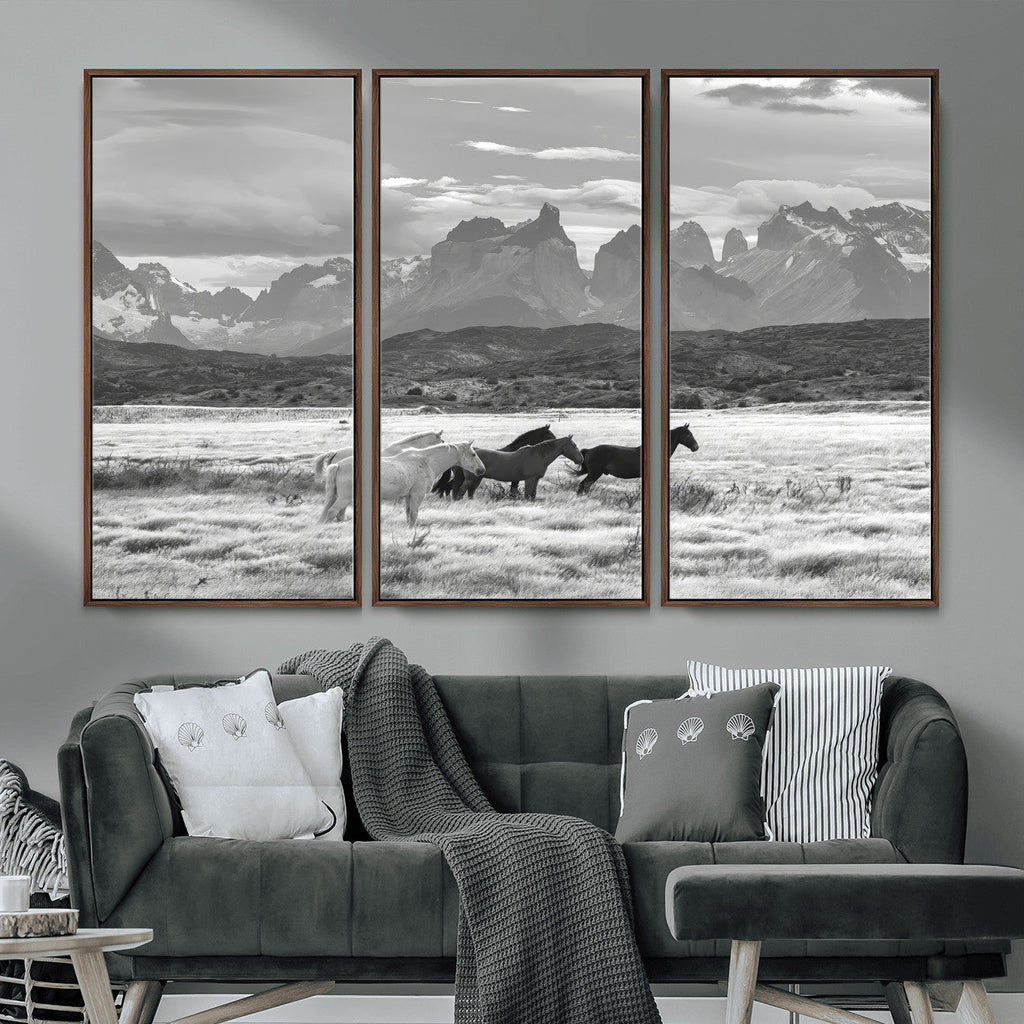 Wild Horses Wall Art | Framed Black White Mountain Canvas