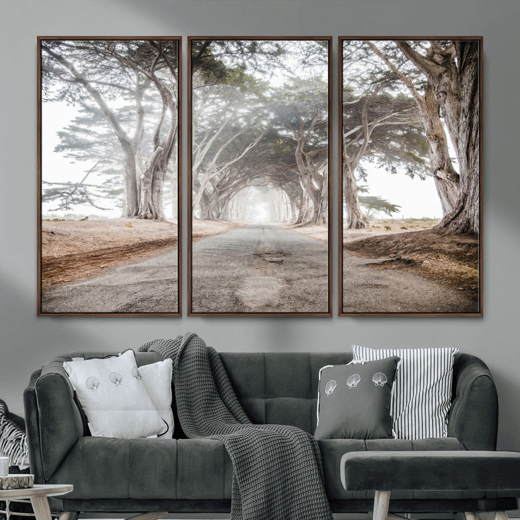 Cypress Tunnel Wall Art | Framed Misty Road Canvas Artwork