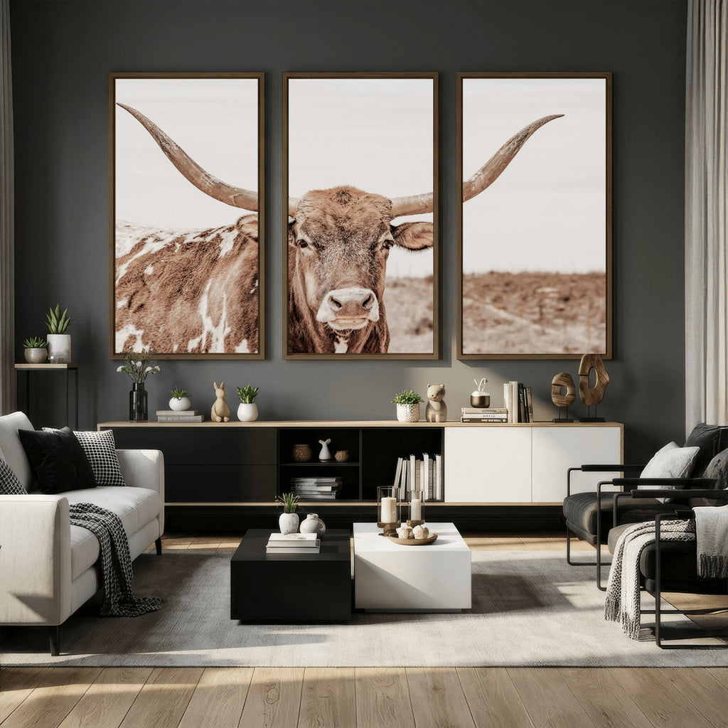 Longhorn Cow Wall Art Canvas Print, Framed Texas Ranch Print, Western Bull Art, Cowboy Decor