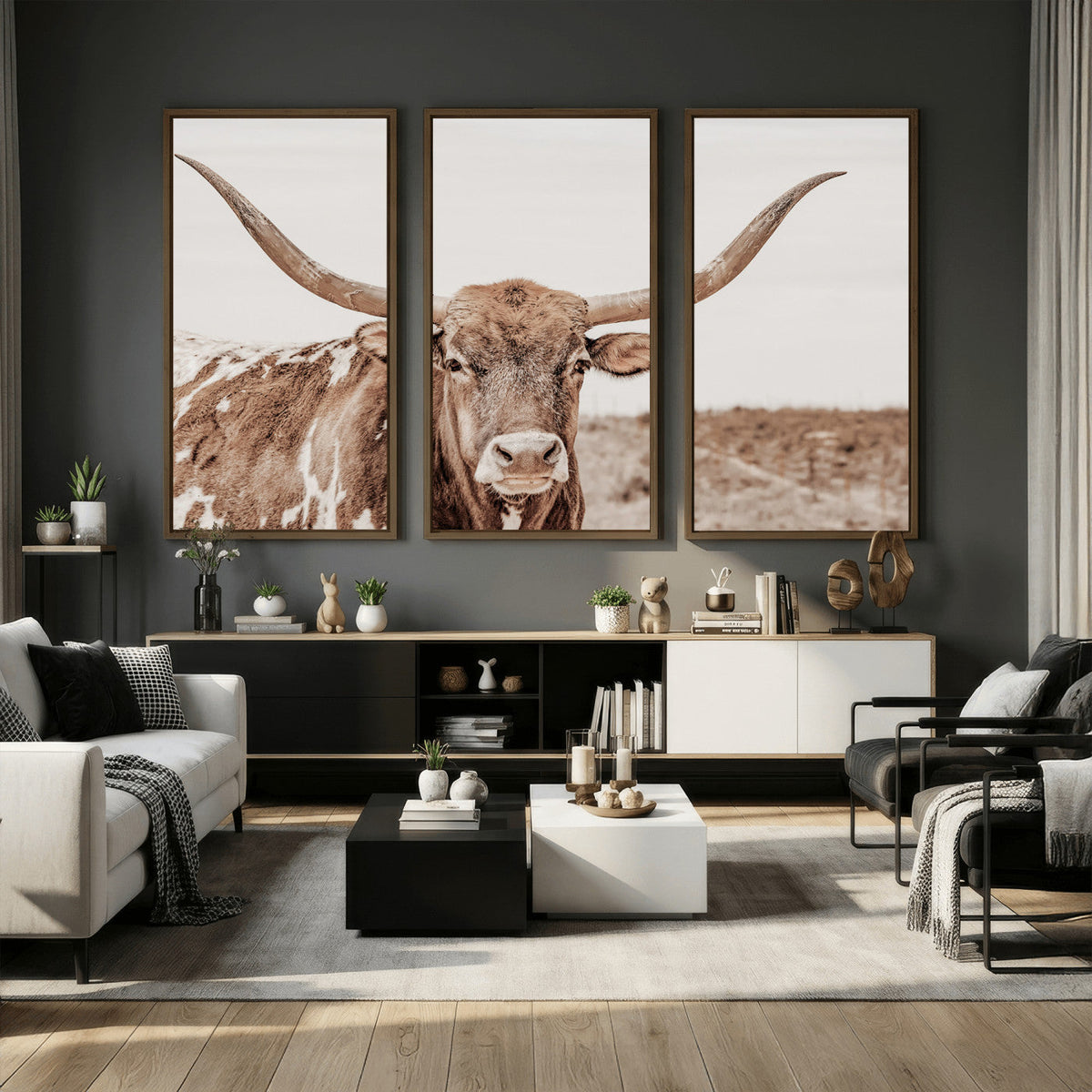 Longhorn Cow Wall Art Canvas Print, Framed Texas Ranch Print, Western Bull Art, Cowboy Decor