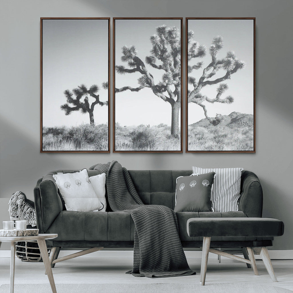 Joshua Tree Wall Art Canvas Print, Framed Black and White Desert Landscape Artwork