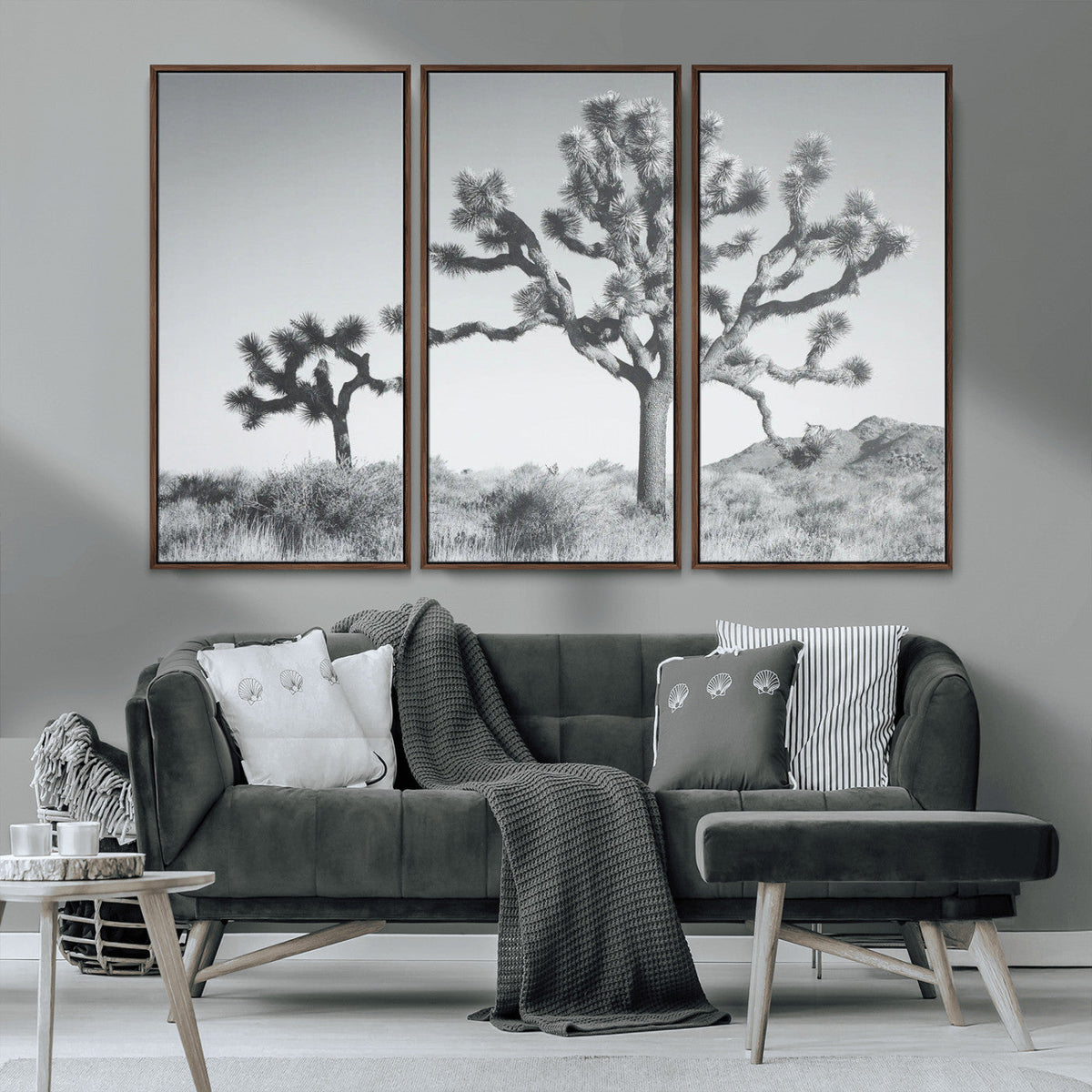 Joshua Tree Wall Art Canvas Print, Framed Black and White Desert Landscape Artwork
