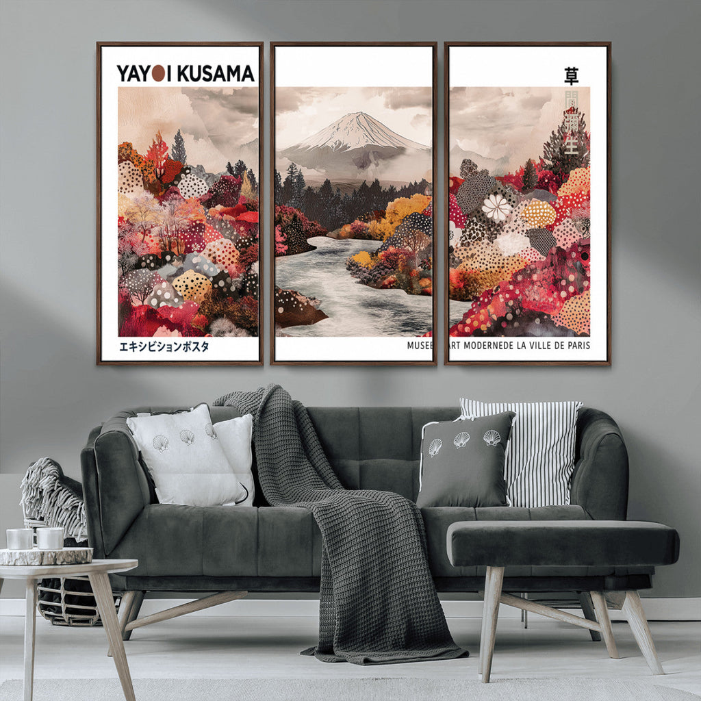 Modern Japanese Wall Art Canvas Print, Framed Abstract Mount Fuji Art, Yayoi Kusama Japanese Landscape