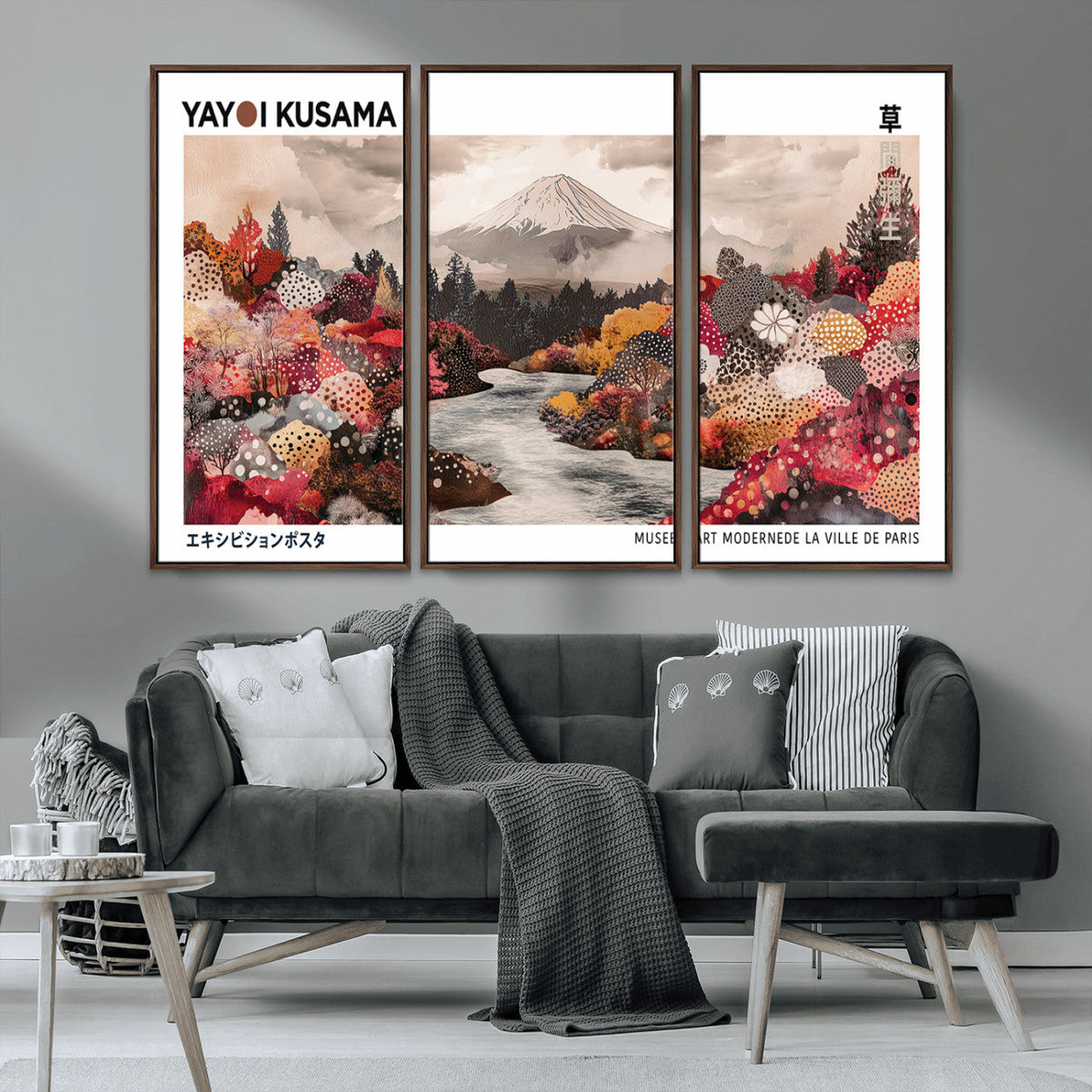 Modern Japanese Wall Art Canvas Print, Framed Abstract Mount Fuji Art, Yayoi Kusama Japanese Landscape