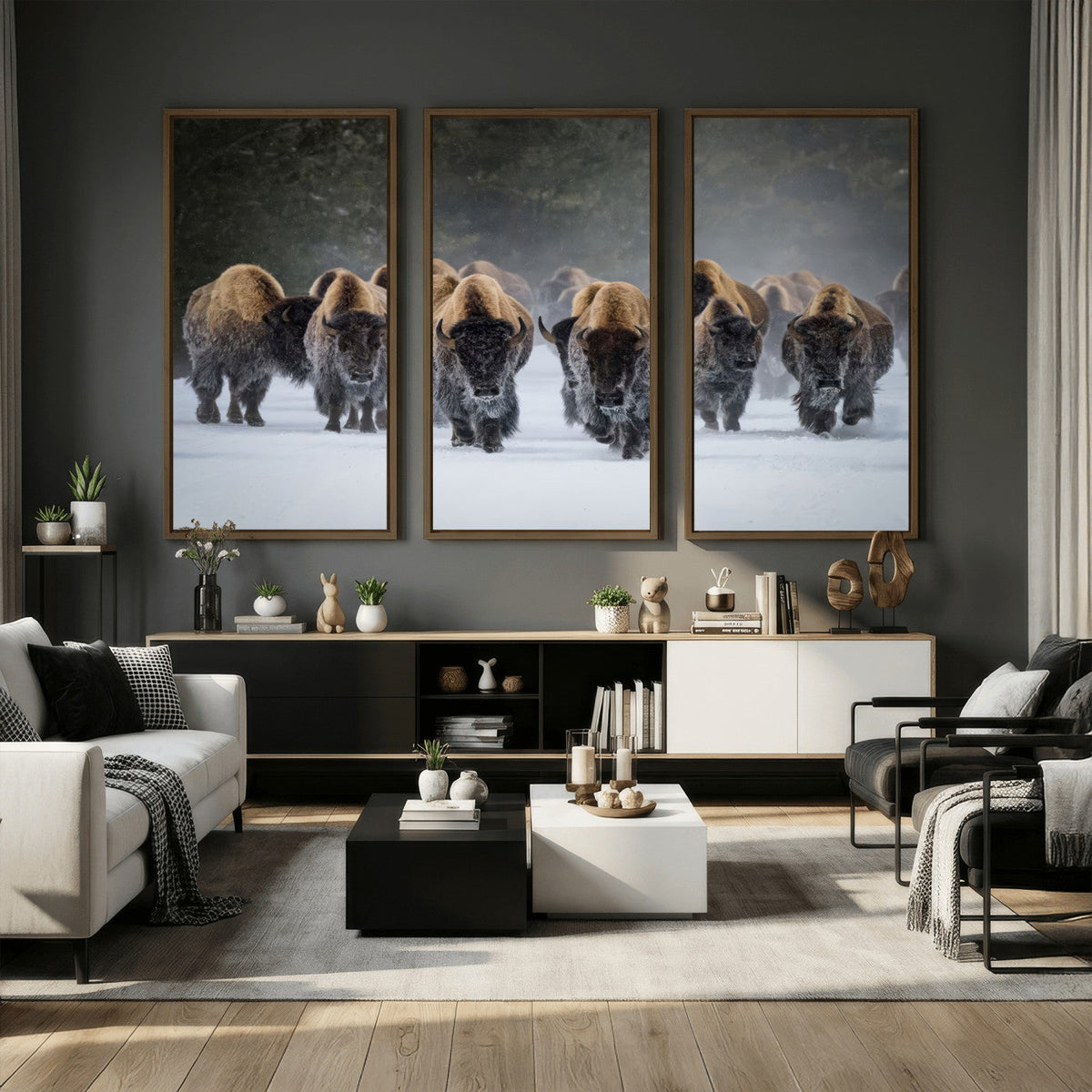 Bison Herd Wall Art Canvas Print, Framed Rustic Wildlife Decor, Snowy Bison Landscape