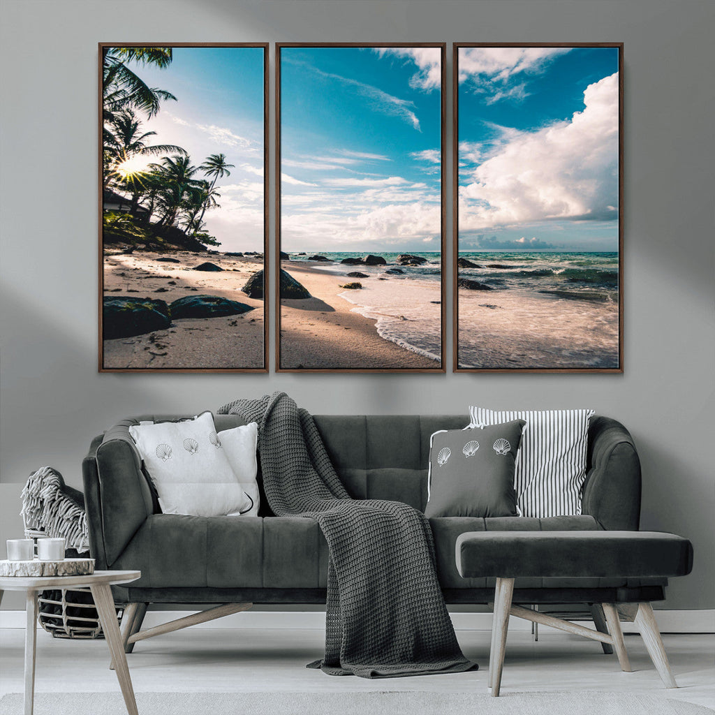 Tropical Beach Wall Art Canvas Print, Framed Ocean Waves Relaxing Seascape