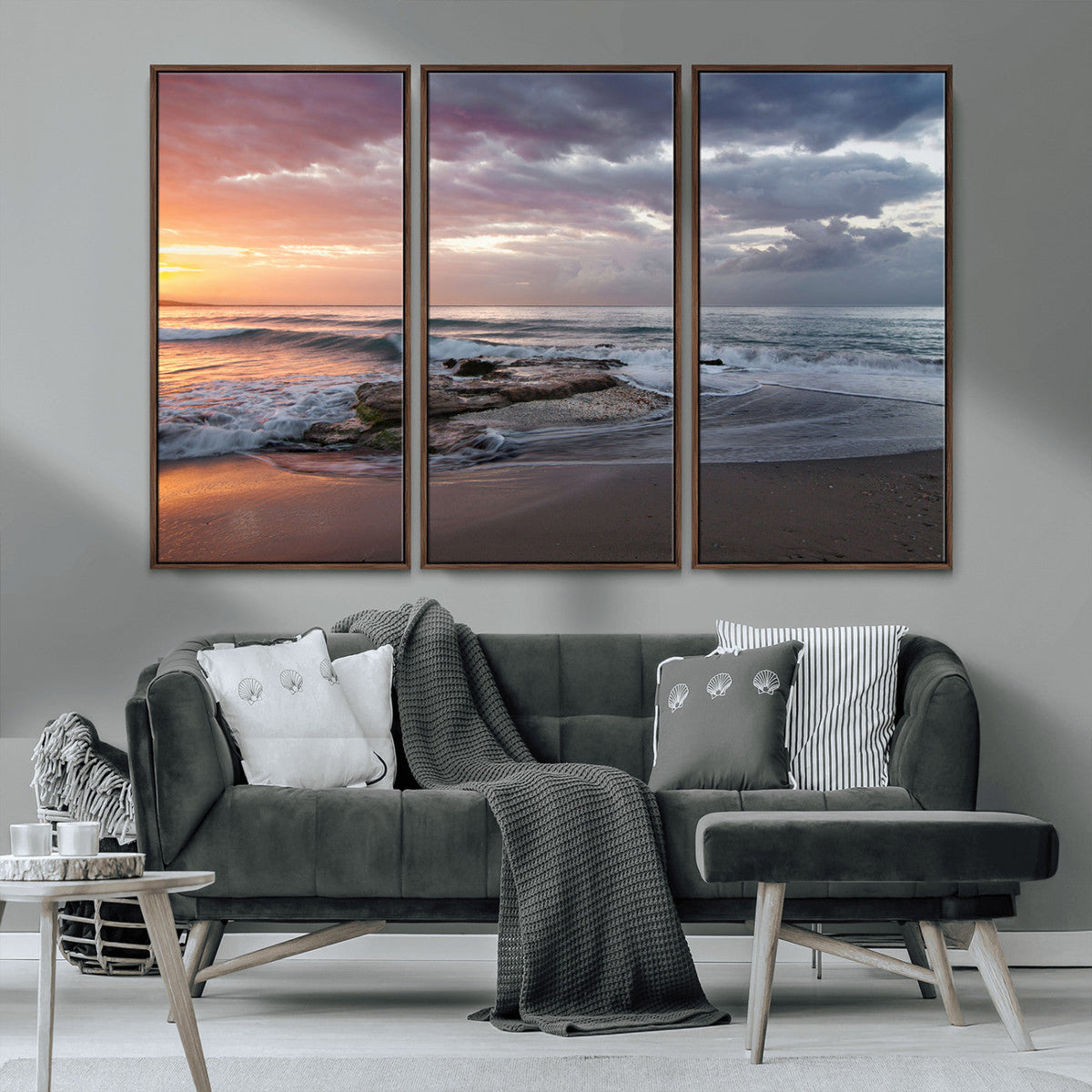 Golden Hour Wall Art Canvas Print, Framed Tranquil Waves Beach Sunset