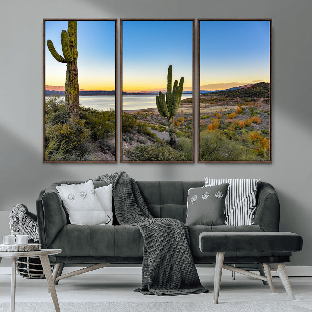 Saguaro Cactus Wall Art Canvas Print, Framed Desert Sunset Southwestern