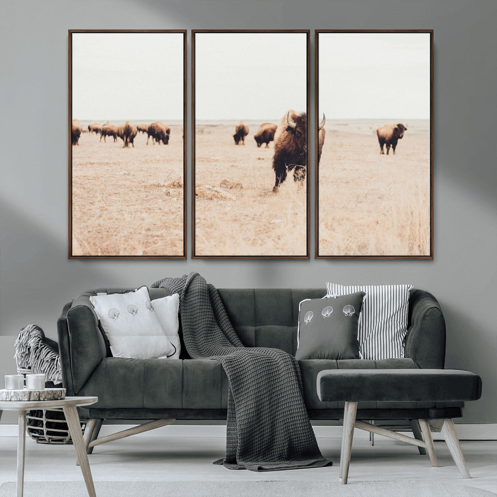 Bison Herd Wall Art Canvas Print, Framed Western Prairie Serenity