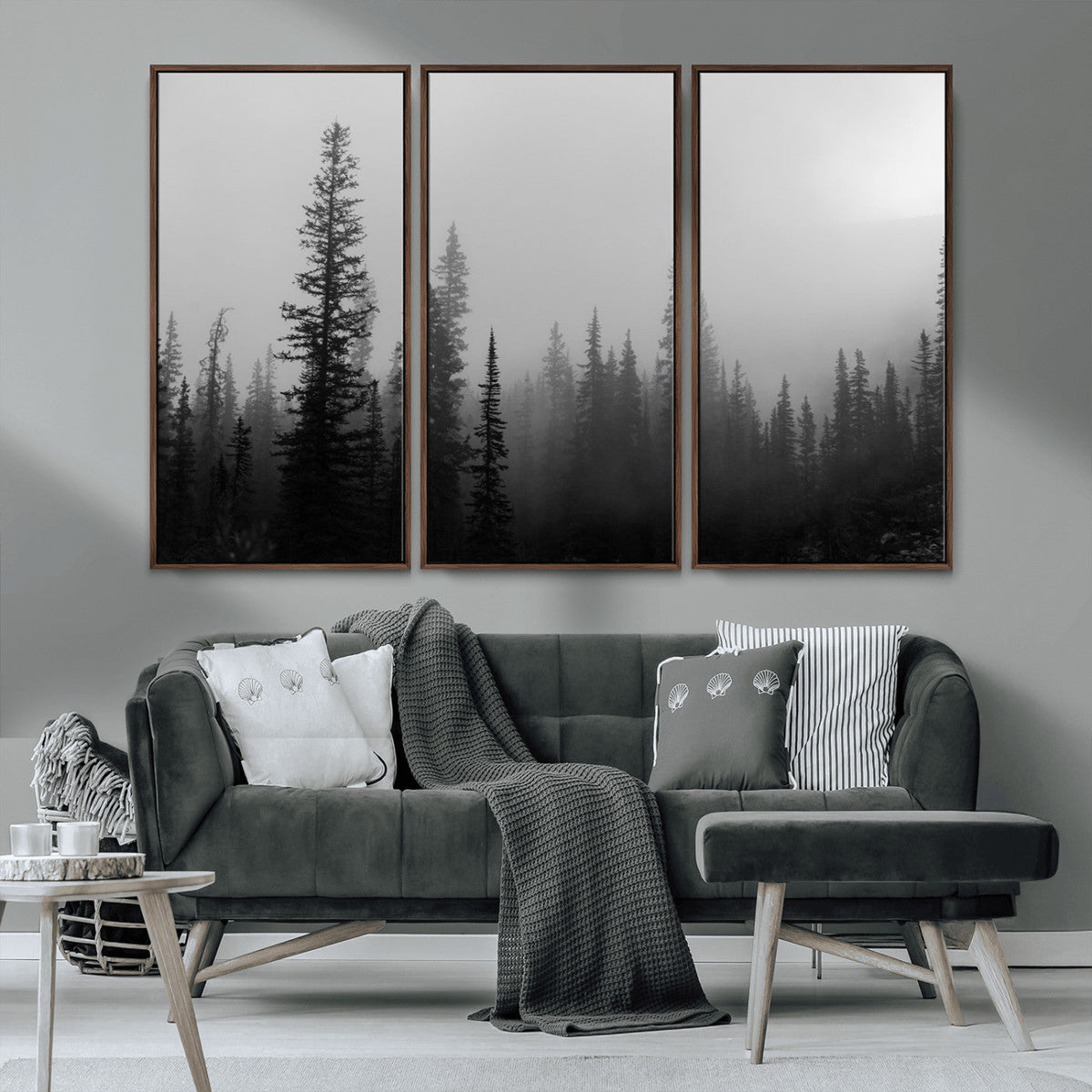 Misty Pines Wall Art Canvas Print, Framed Woodland Minimalist Black and White