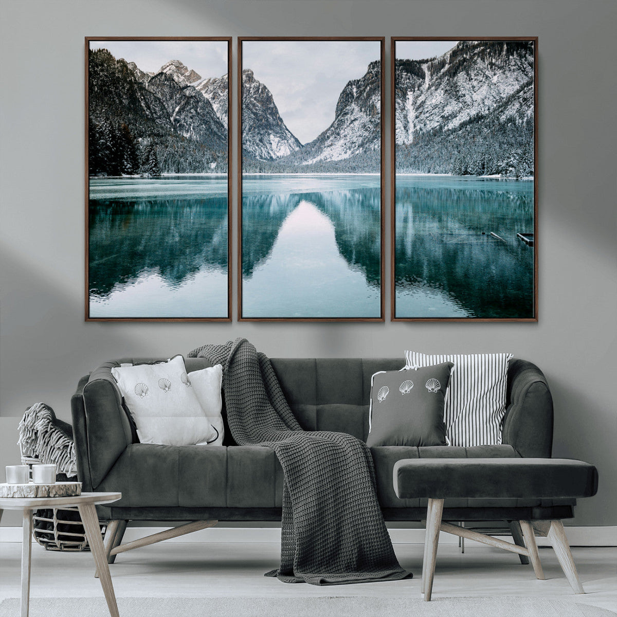 Mountain Lake Wall Art Canvas Print, Framed Toblacher See Winter Wonderland