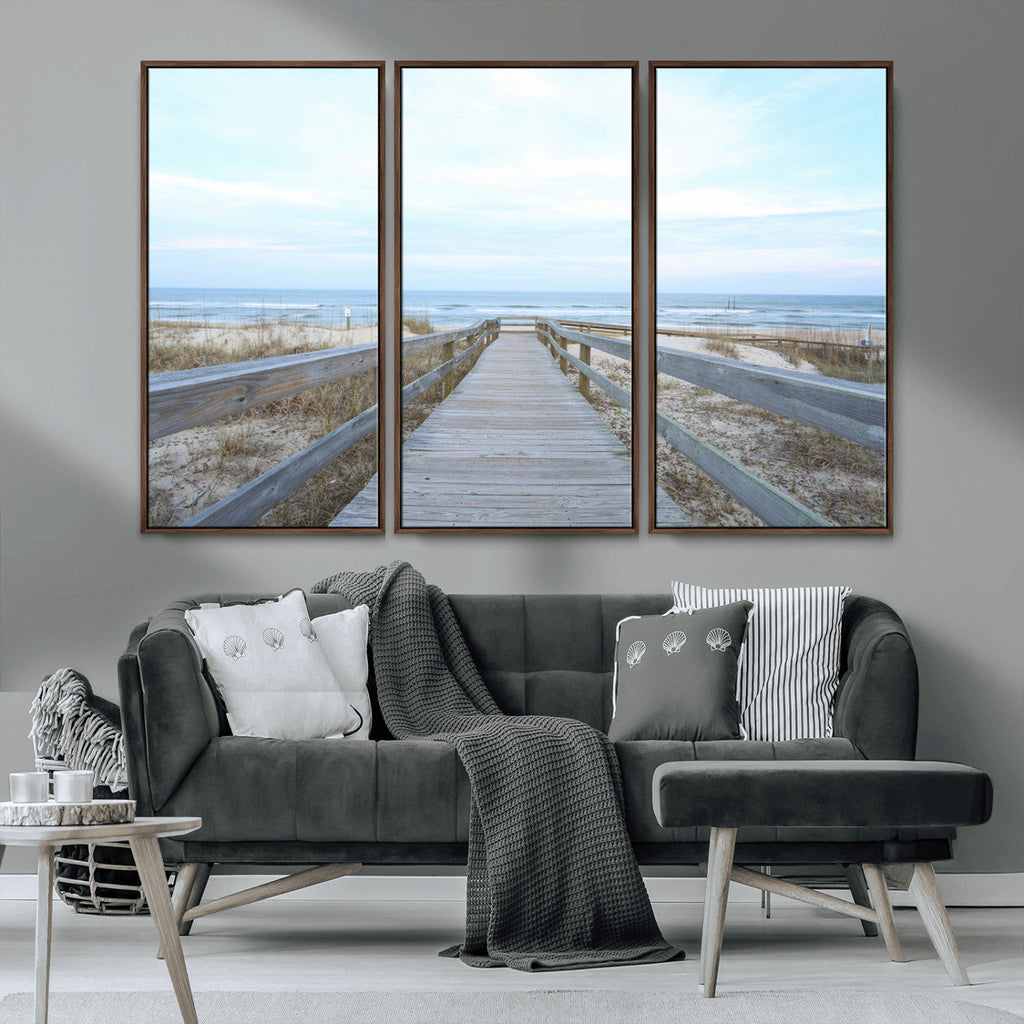Beach Boardwalk Wall Art Canvas Print, Framed Coastal Serenity Ocean View