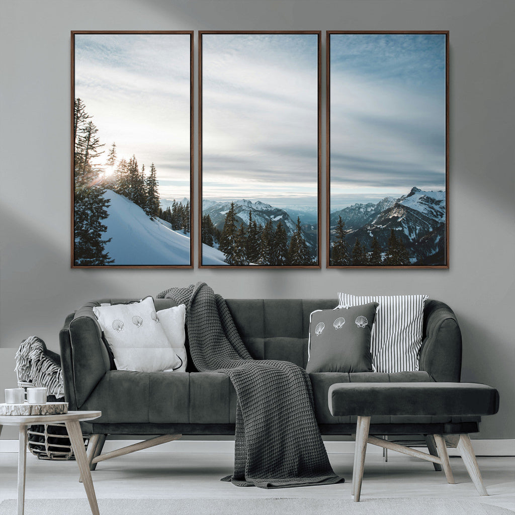 Snowy Mountains Wall Art Canvas Print, Framed Alpine Landscape Frosty Peaks Artwork
