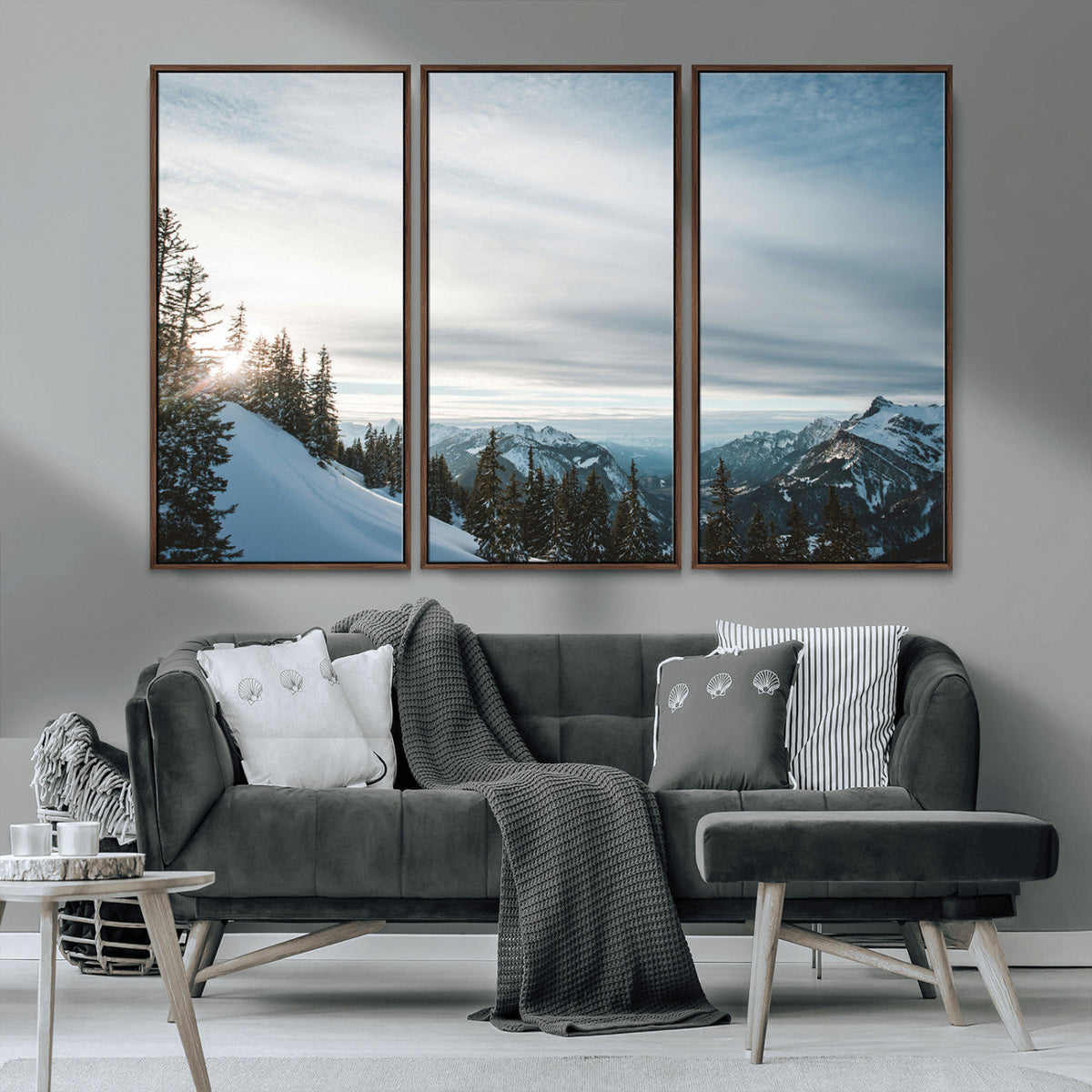 Snowy Mountains Wall Art Canvas Print, Framed Alpine Landscape Frosty Peaks Artwork