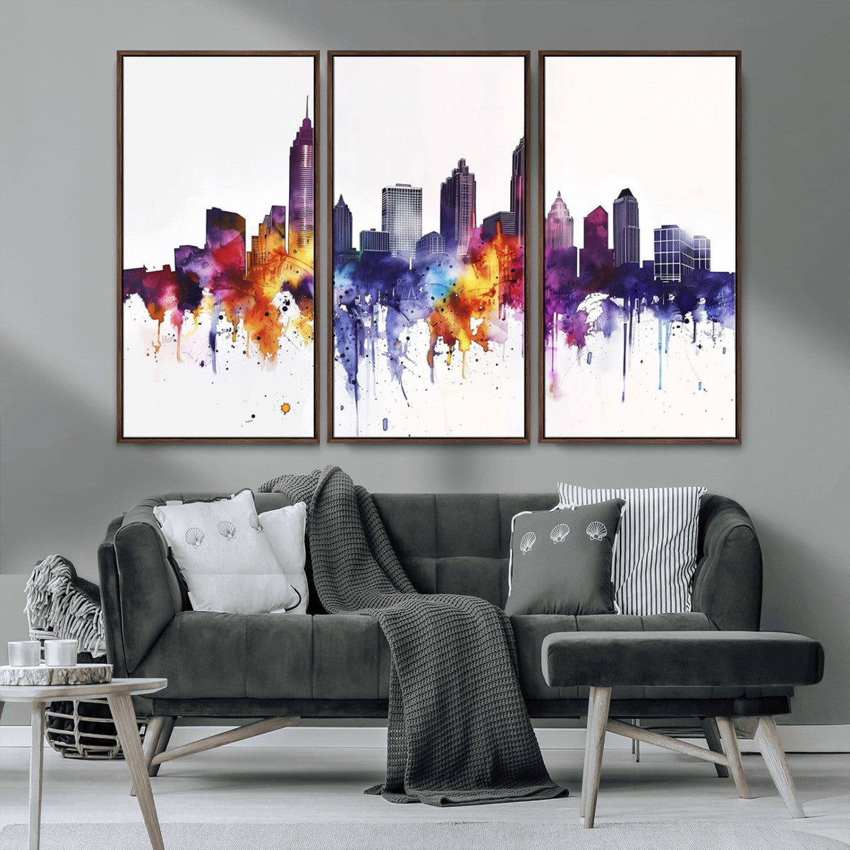 Atlanta Skyline Wall Art Canvas Print, Framed Colorful Watercolor Cityscape
