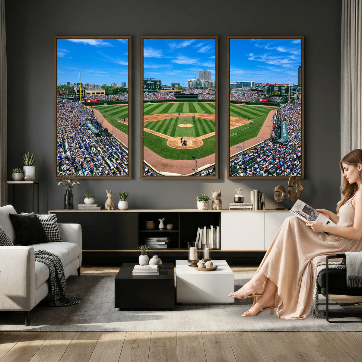 Wrigley Field Baseball Stadium Canvas Wall Art, Packed Crowd and Chicago Skyline