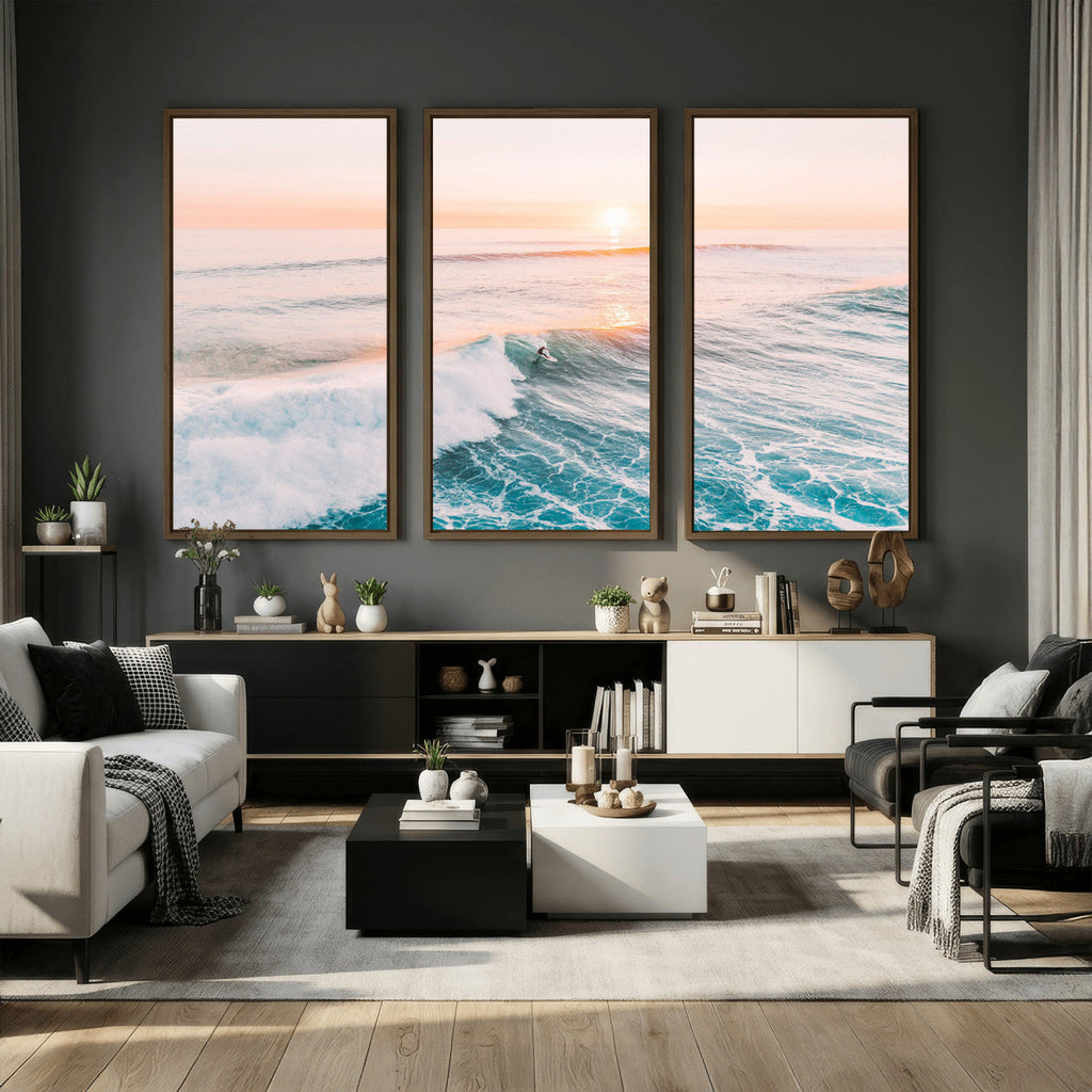 Sunset Surfing Wall Art Canvas Print, Ocean Wave Surfer with Golden Sky