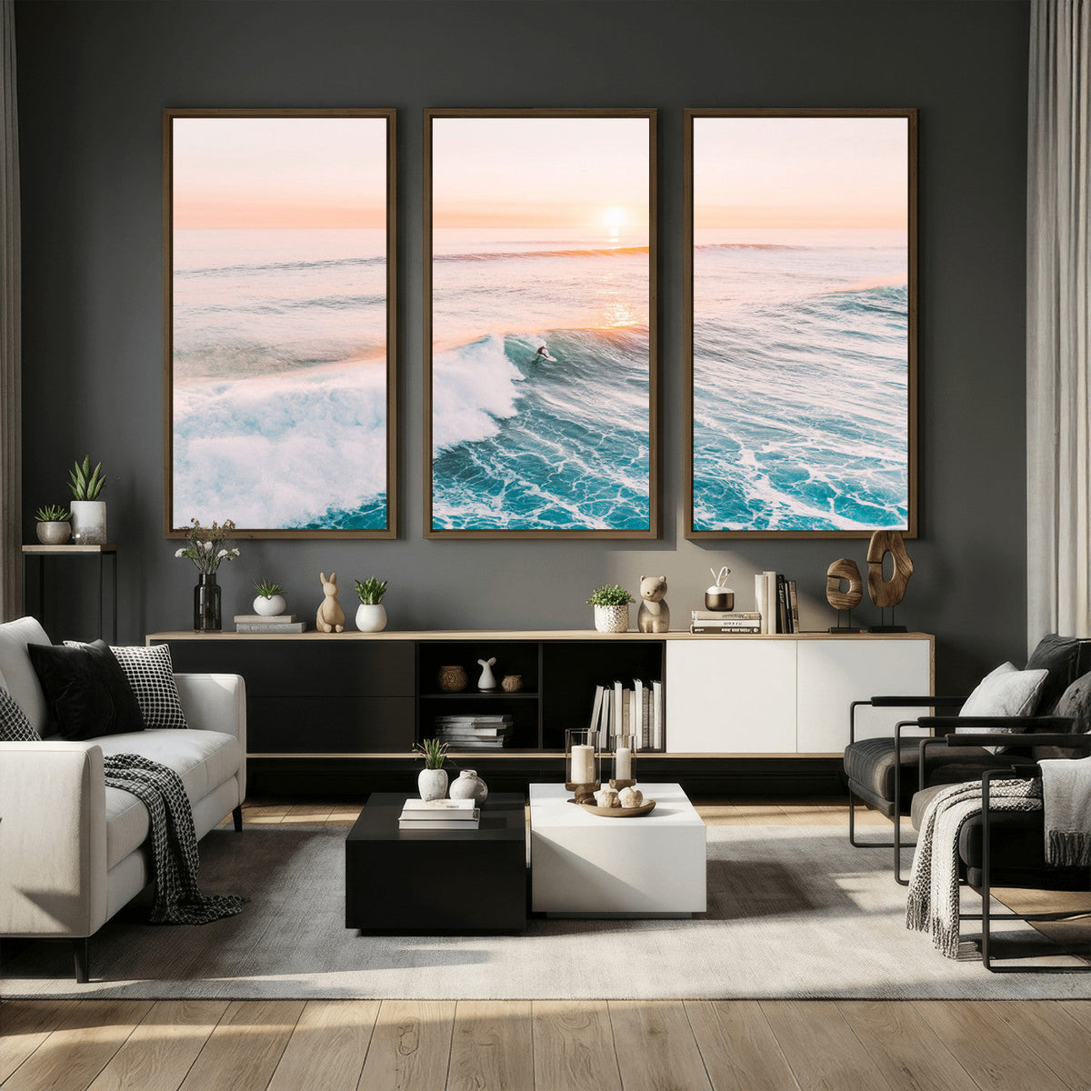 Sunset Surfing Wall Art Canvas Print, Ocean Wave Surfer with Golden Sky