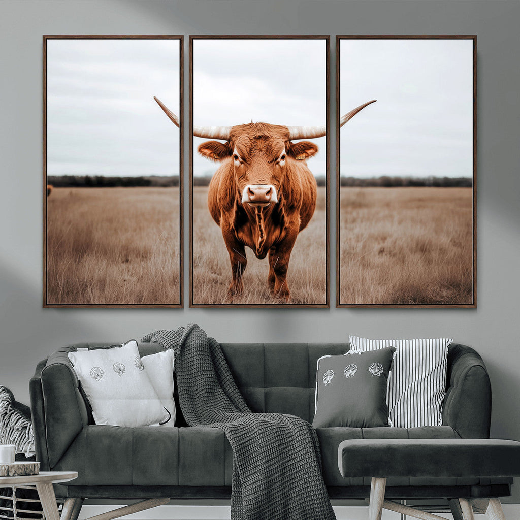Longhorn Bull Wall Art Canvas Print, Framed Rustic Decor