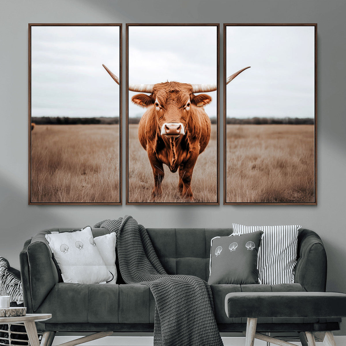 Longhorn Bull Wall Art Canvas Print, Framed Rustic Decor
