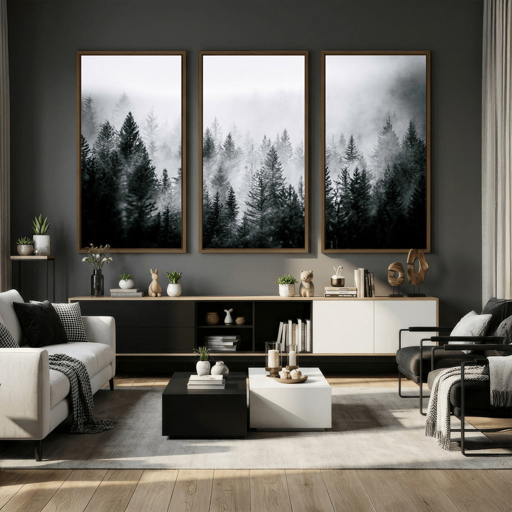 Foggy Forest Wall Art Canvas Print, Mountain Woodland Landscape, Minimal Nature Decor