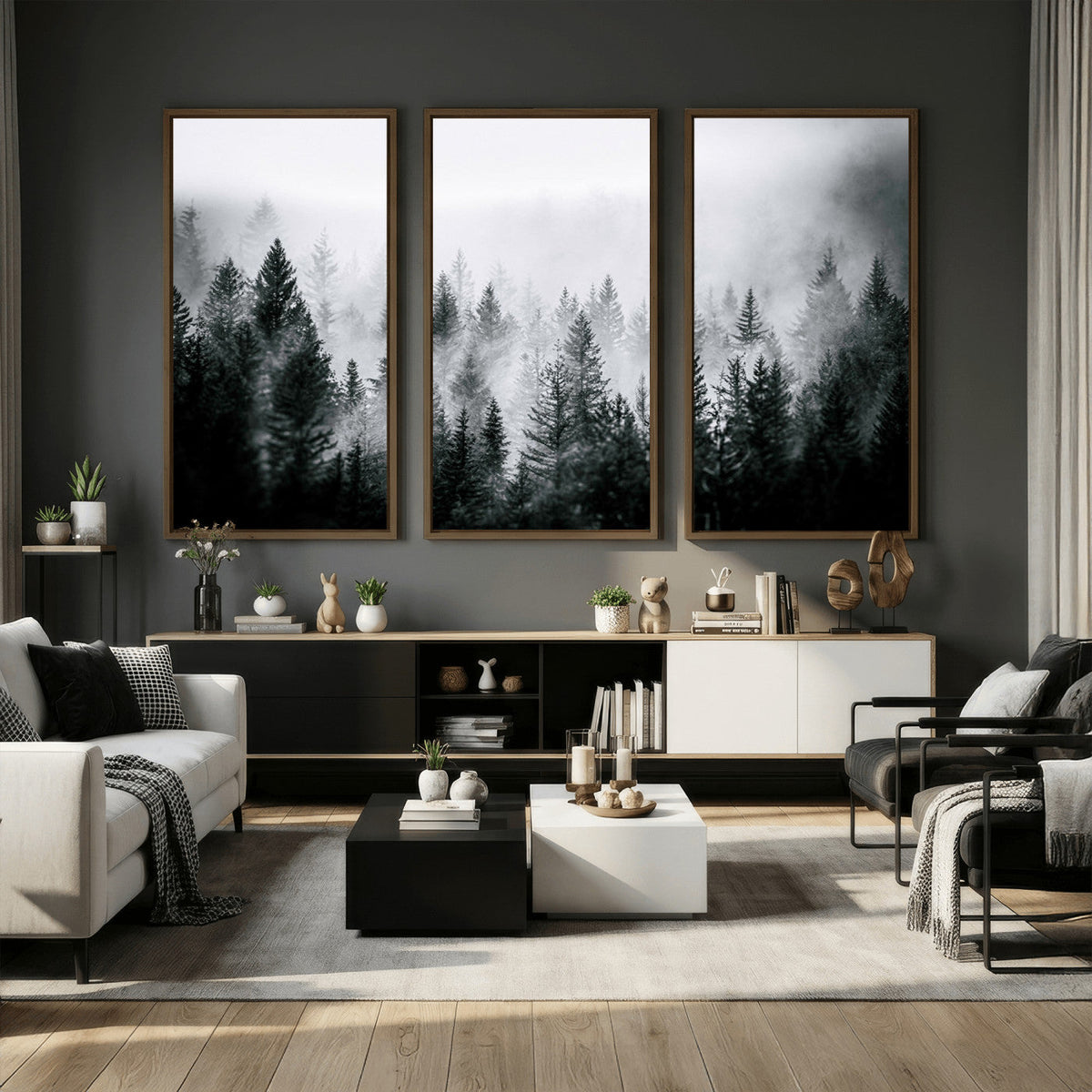 Foggy Forest Wall Art Canvas Print, Mountain Woodland Landscape, Minimal Nature Decor