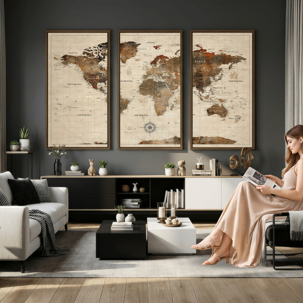 Vintage World Map Wall Art Canvas Print for Living Room, Office and Study